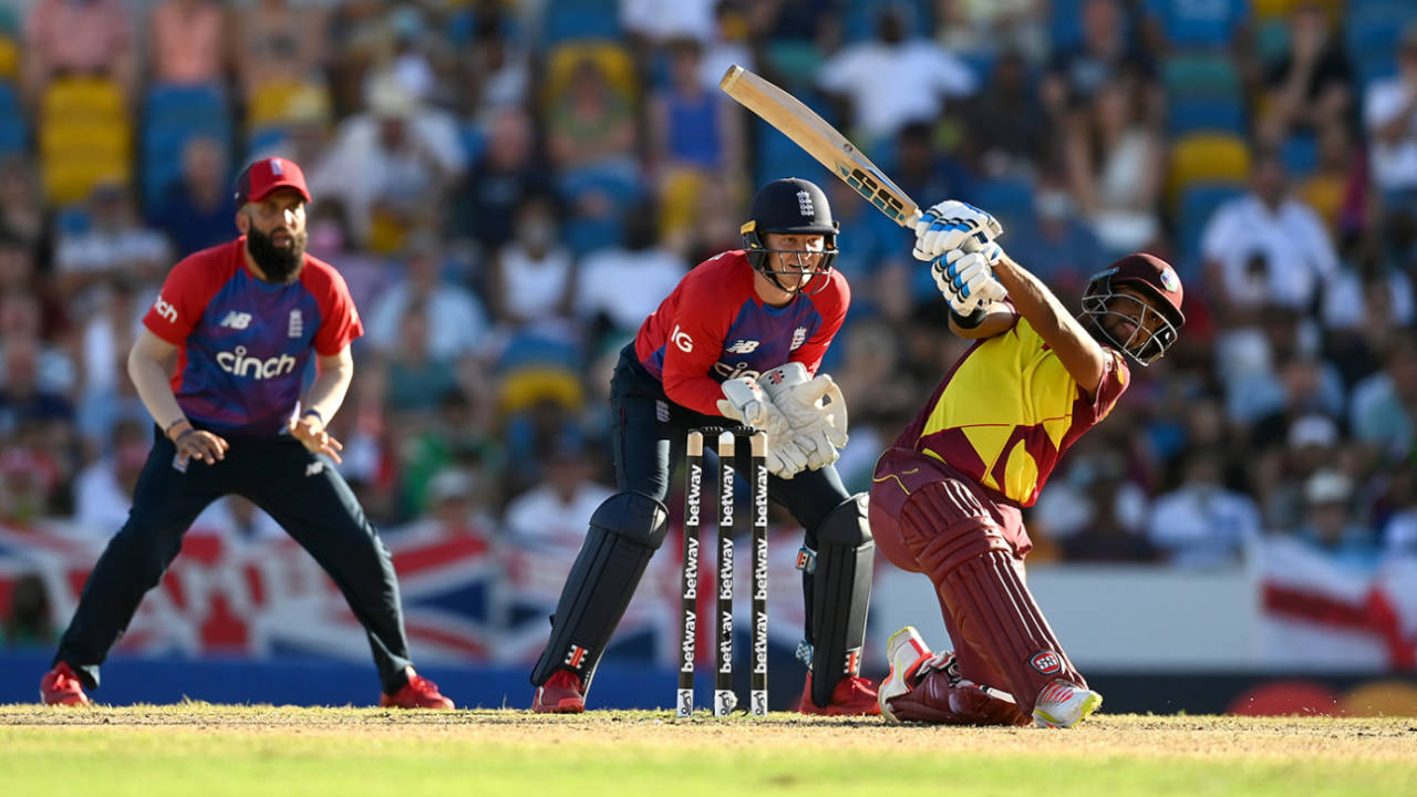 Nicholas Pooran swings into the leg side, West Indies vs England, 5th T20I, Kensington Oval, Barbados, January 30, 2022