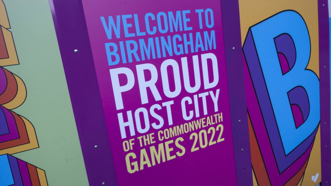 Signage on a hoarding promoting the Birmingham 2022 Commonwealth Games, Birmingham, January 5, 2022
