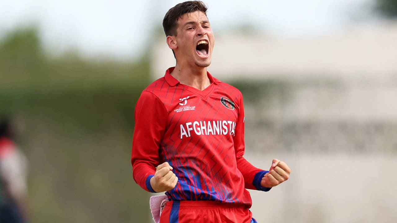 Noor Ahmad roars at the fall of a wicket, England vs Afghanistan, ICC Under-19 World Cup semi-final, Antigua, February 1, 2022