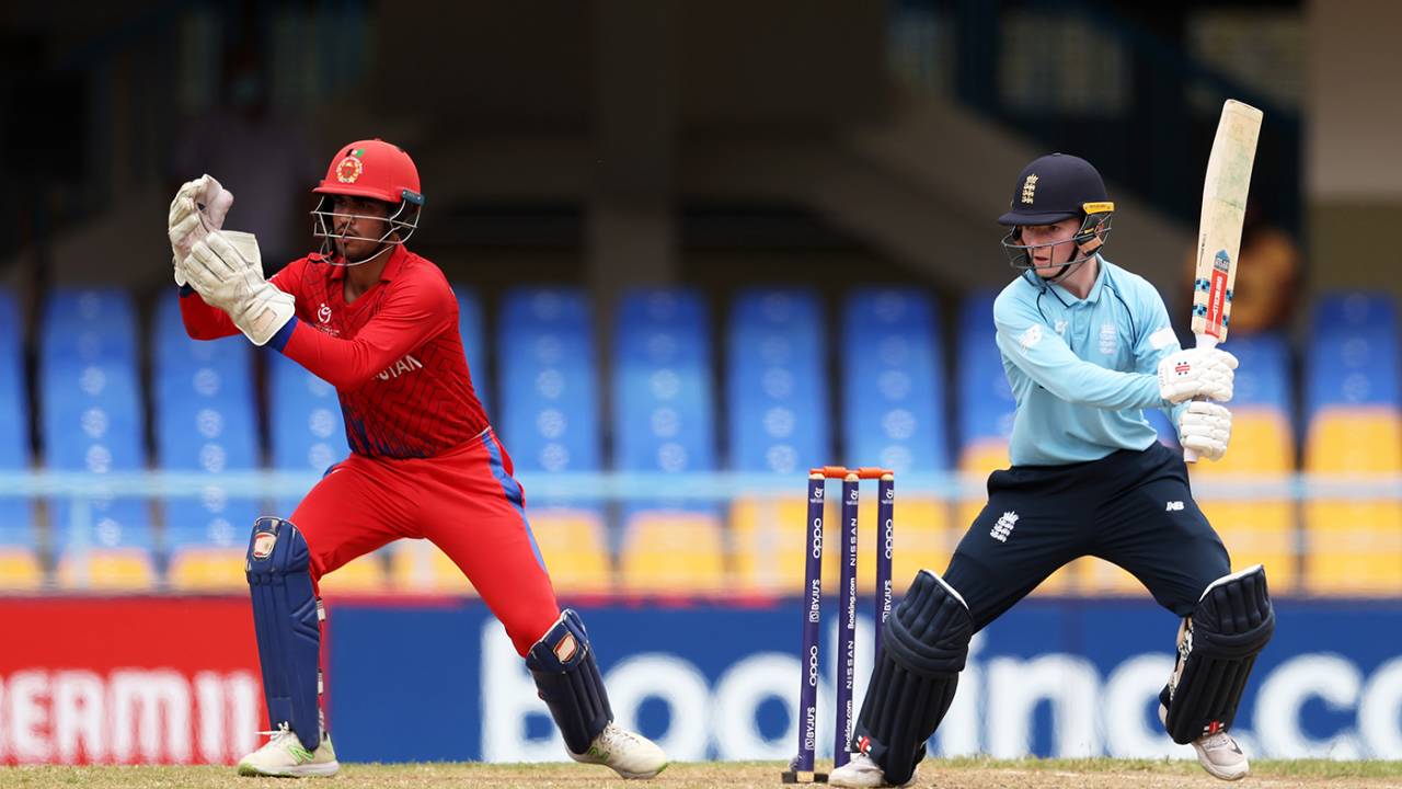 George Bell drops back to cut, England vs Afghanistan, ICC Under-19 World Cup semi-final, Antigua, February 1, 2022