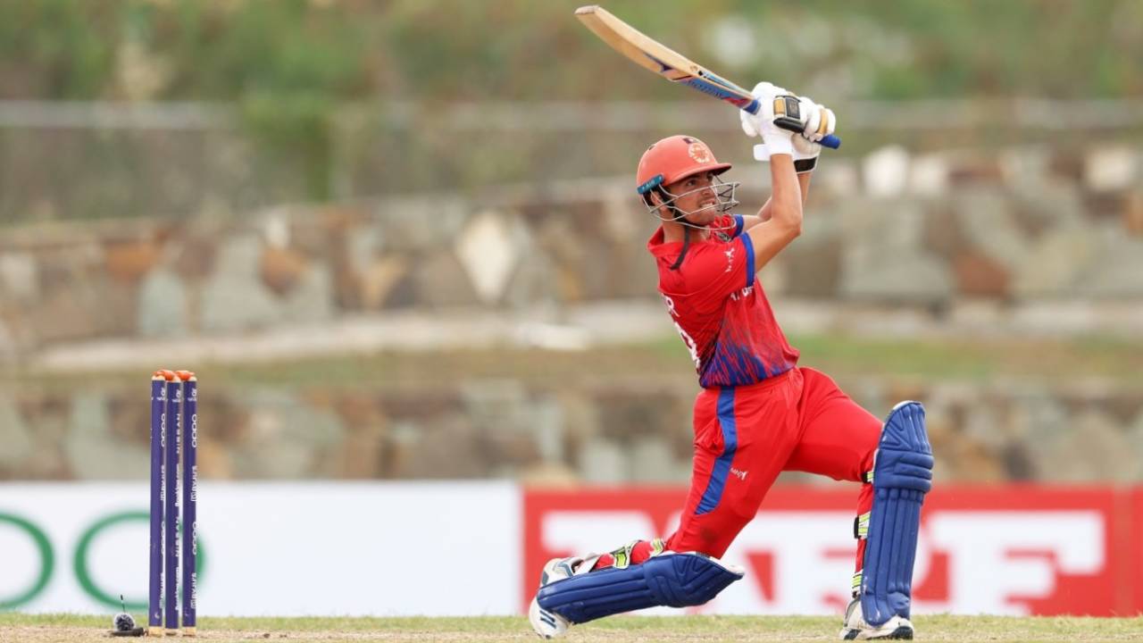 Allah Noor drives down the ground, England vs Afghanistan, ICC Under-19 World Cup semi-final, Antigua, February 1, 2022