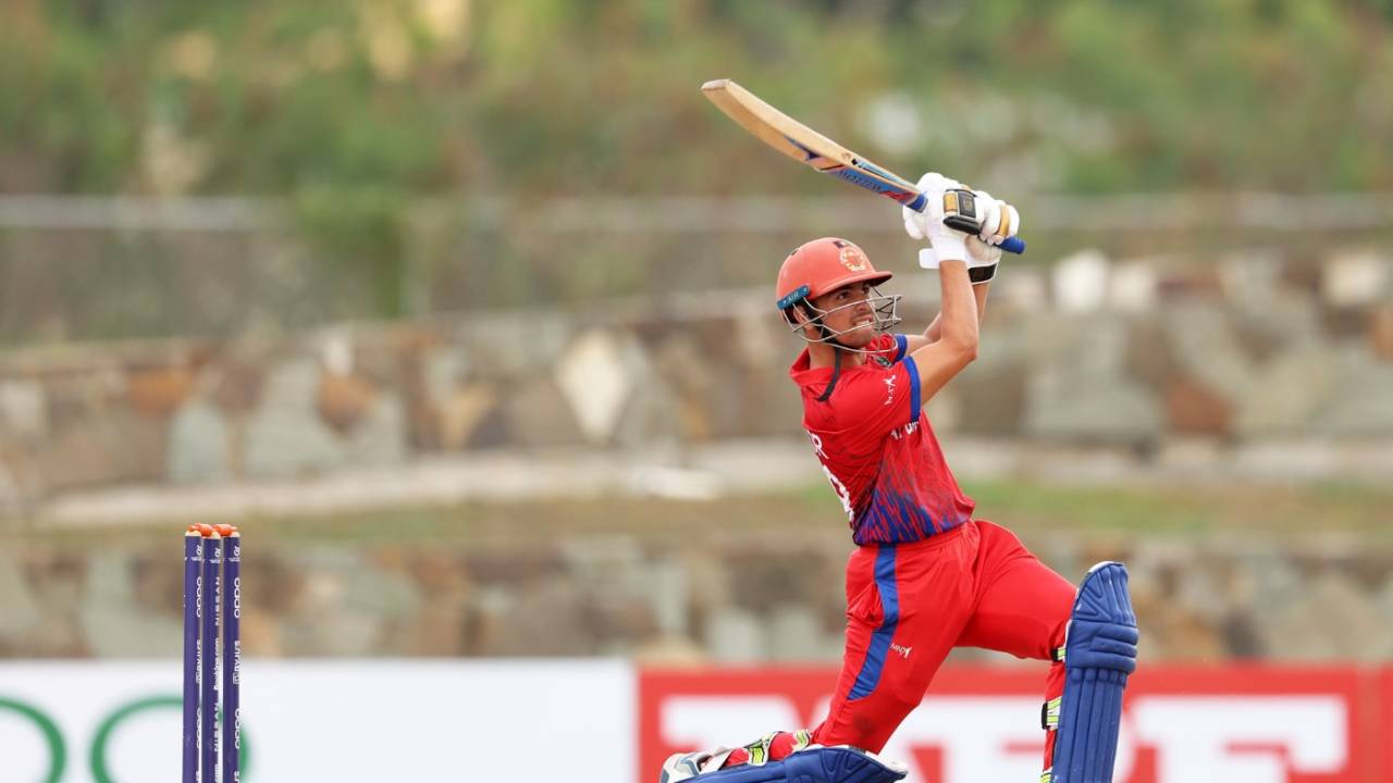 Allah Noor drives down the ground, England vs Afghanistan, ICC Under-19 World Cup semi-final, Antigua, February 1, 2022