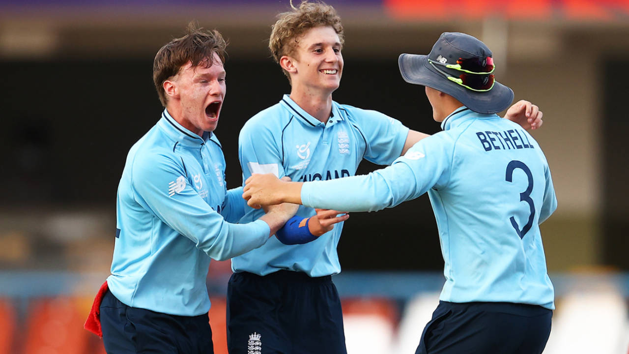 Tom Prest, Josh Boyden and Jacob Bethell celebrate the moment of victory, England vs Afghanistan, ICC Under-19 World Cup semi-final, Antigua, February 1, 2022