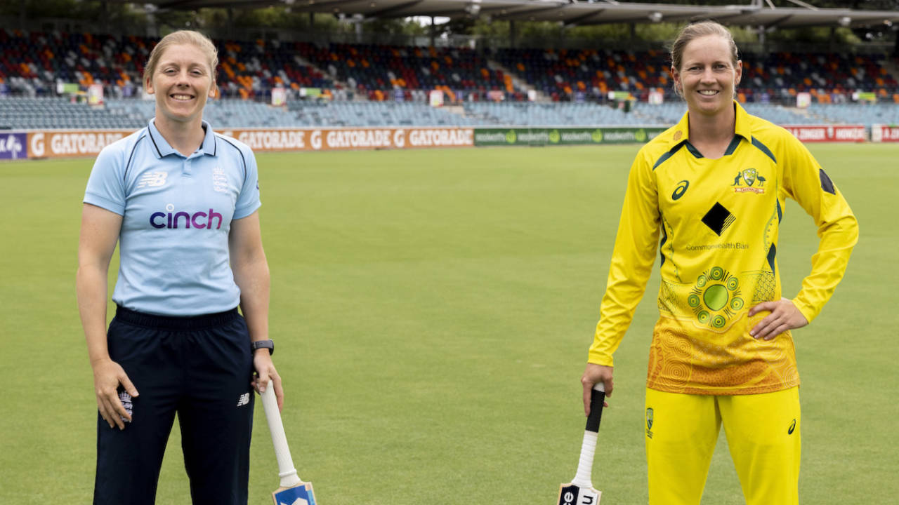Heather Knight and Meg Lanning pose for a photo at Manuka Oval, Canberra, February 2, 2022