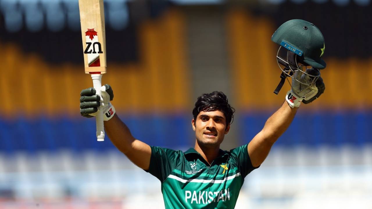 Qasim Akram celebrates a century, Pakistan Under-19 vs Sri Lanka Under-19, Under-19 World Cup, Antigua, February 3, 2022 