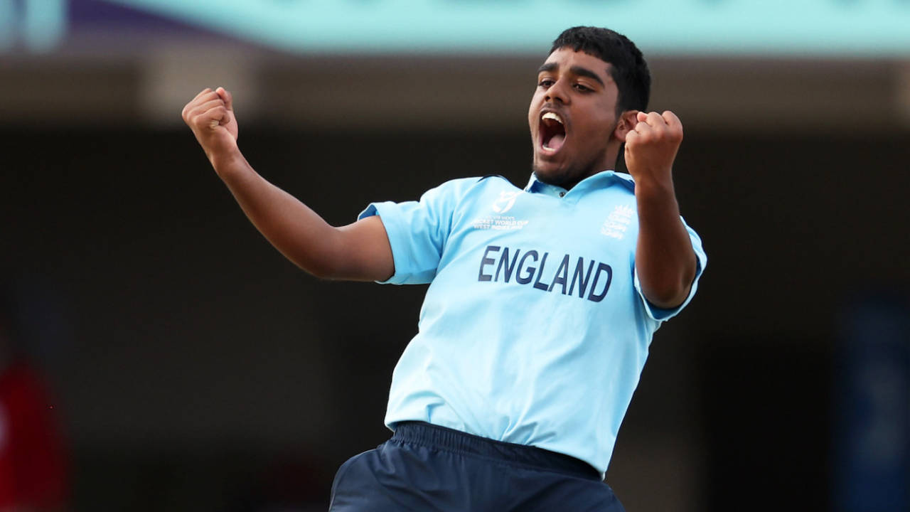 Rehan Ahmed celebrates after picking up the wicket of Bilal Sami of Afghanistan during the U19 World Cup&nbsp;&nbsp;&bull;&nbsp;&nbsp;ICC via Getty