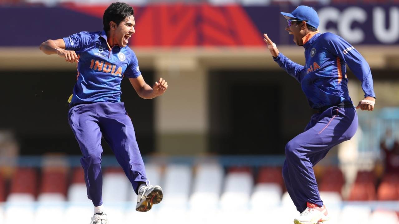Raj Bawa, the Player of the Match in the final, celebrates a wicket with Yash Dhull&nbsp;&nbsp;&bull;&nbsp;&nbsp;ICC/Getty Images