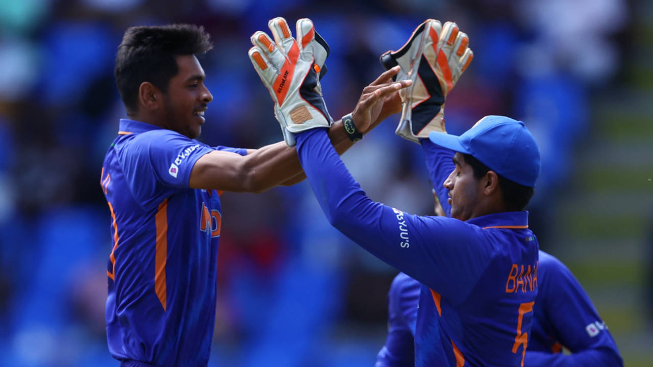 Ravi Kumar and Dinesh Bana celebrate a wicket, England vs India, Under-19 World Cup final, North Sound, February 5, 2022