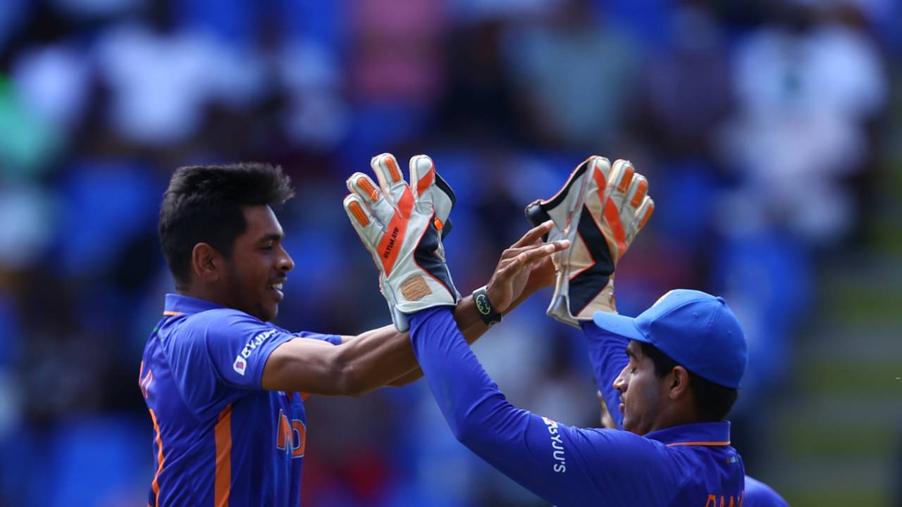 Ravi Kumar and Dinesh Bana celebrate a wicket, England vs India, Under-19 World Cup final, North Sound, February 5, 2022