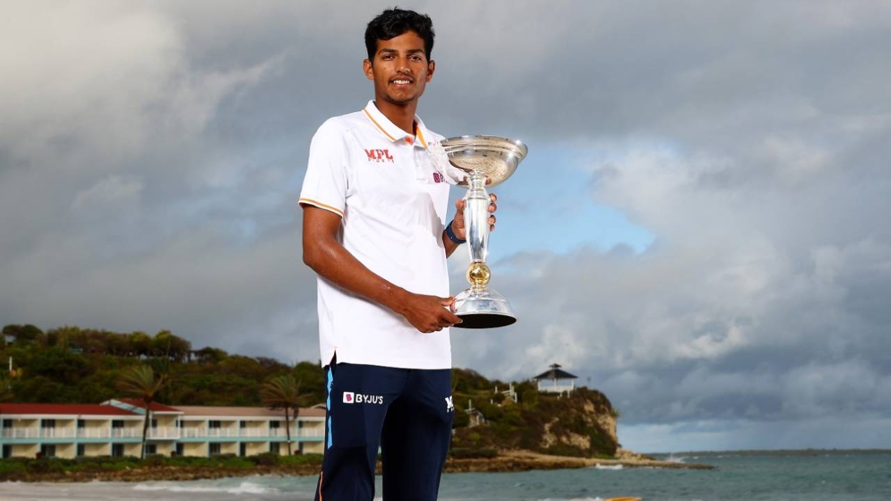 Yash Dhull poses with the Under-19 World Cup Trophy, Antigua, February 6, 2022