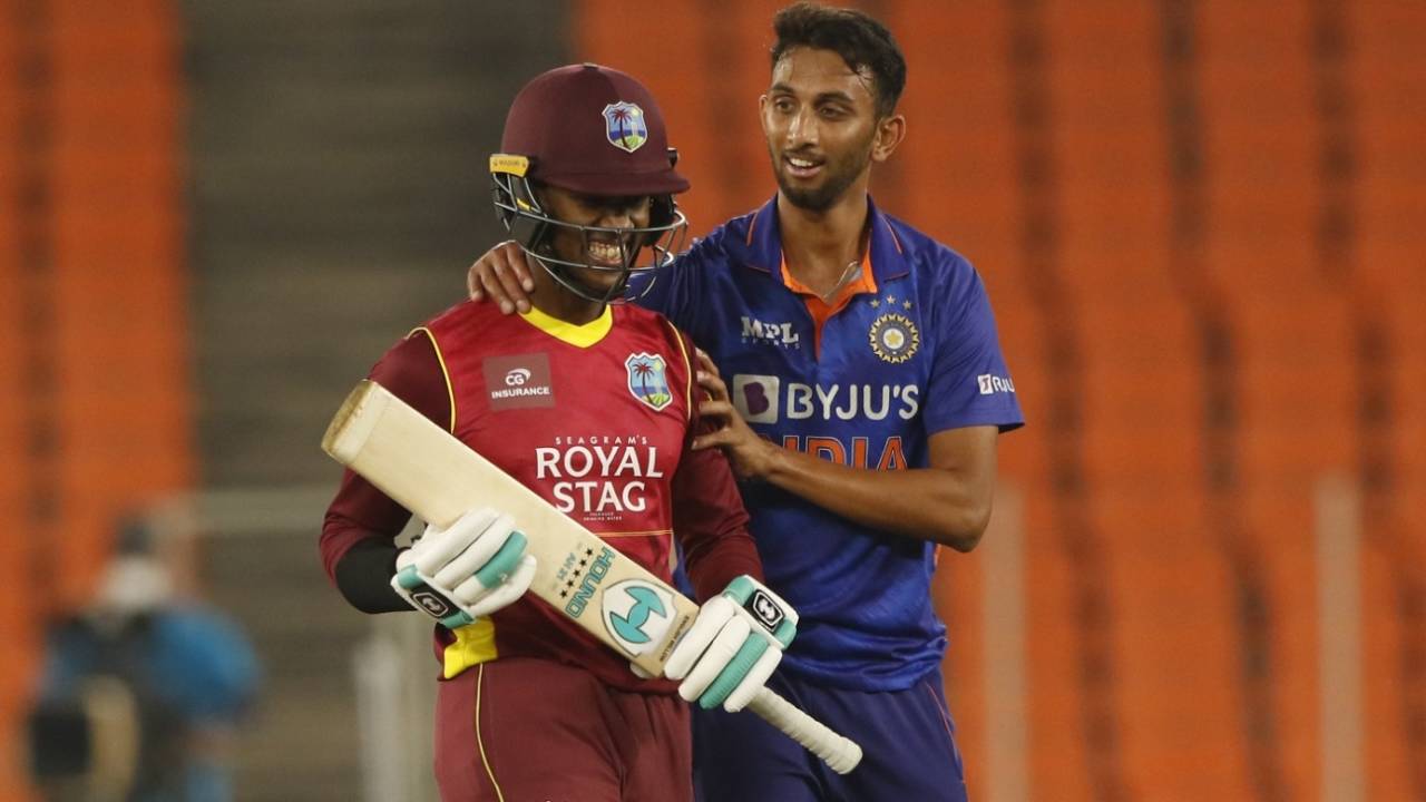 Prasidh Krishna shares a few words with Akeal Hosein, India vs West Indies, 2nd ODI, Ahmedabad, February 9, 2022