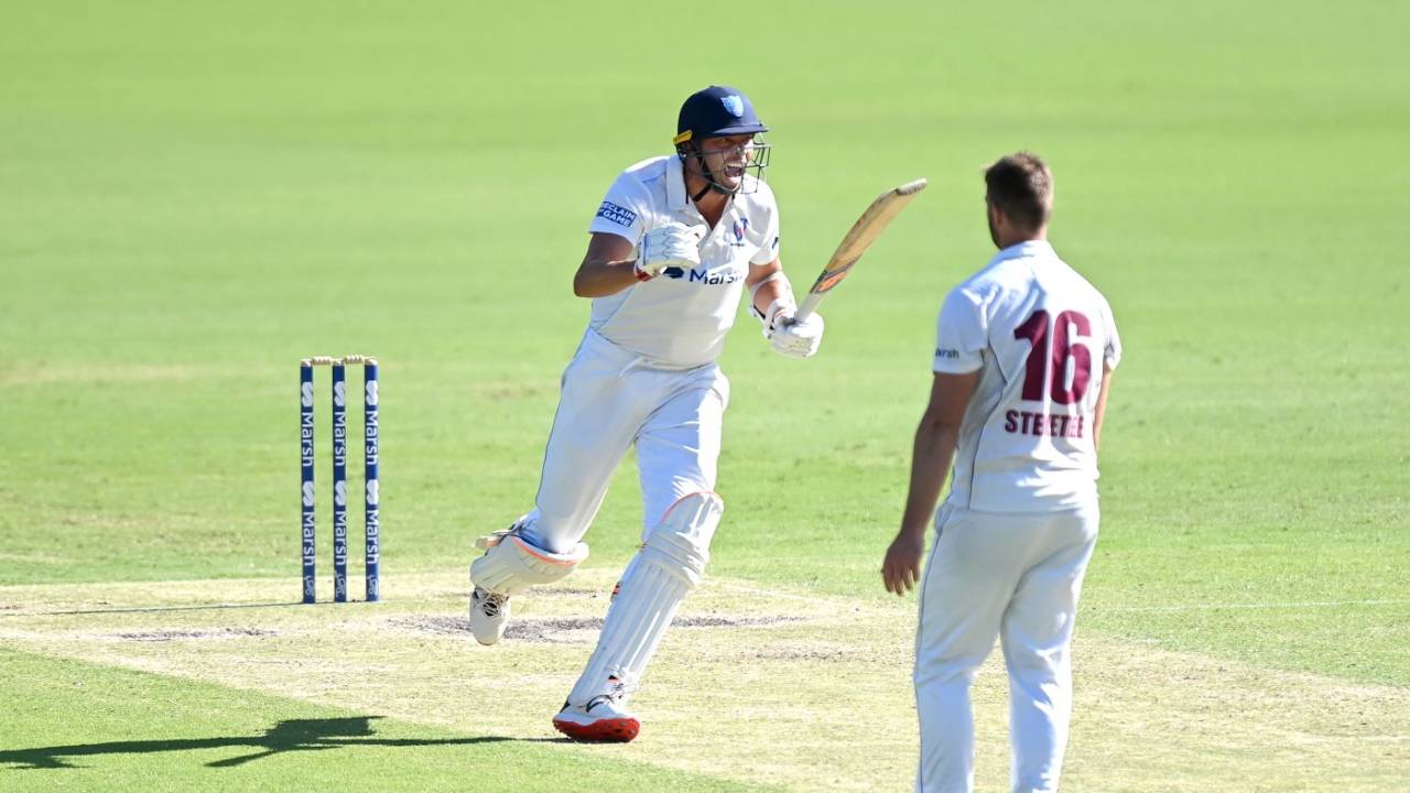 Harry Conway celebrates the winning runs, Queensland vs New South Wales, Sheffield Shield, Gabba, February 11, 2022