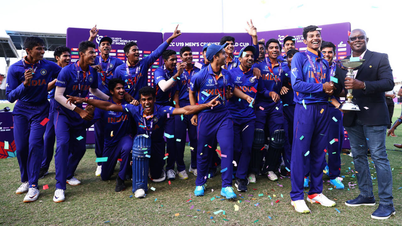 Richie Richardson hands the Under-19 World Cup trophy to India, India vs England, Under-19 World Cup final, North Sound, February 5, 2022