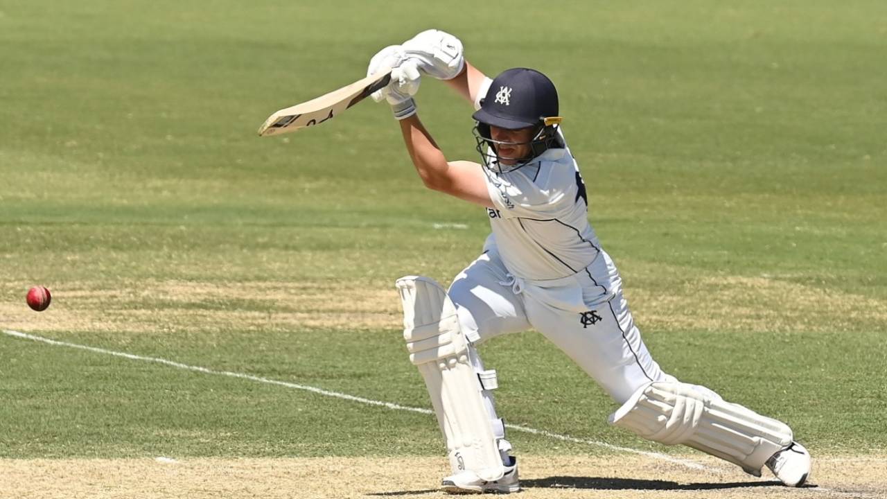 Marcus Harris drives through cover, Victoria vs Queensland, Sheffield Shield 2021-22, 2nd day, Melbourne, February 19, 2022