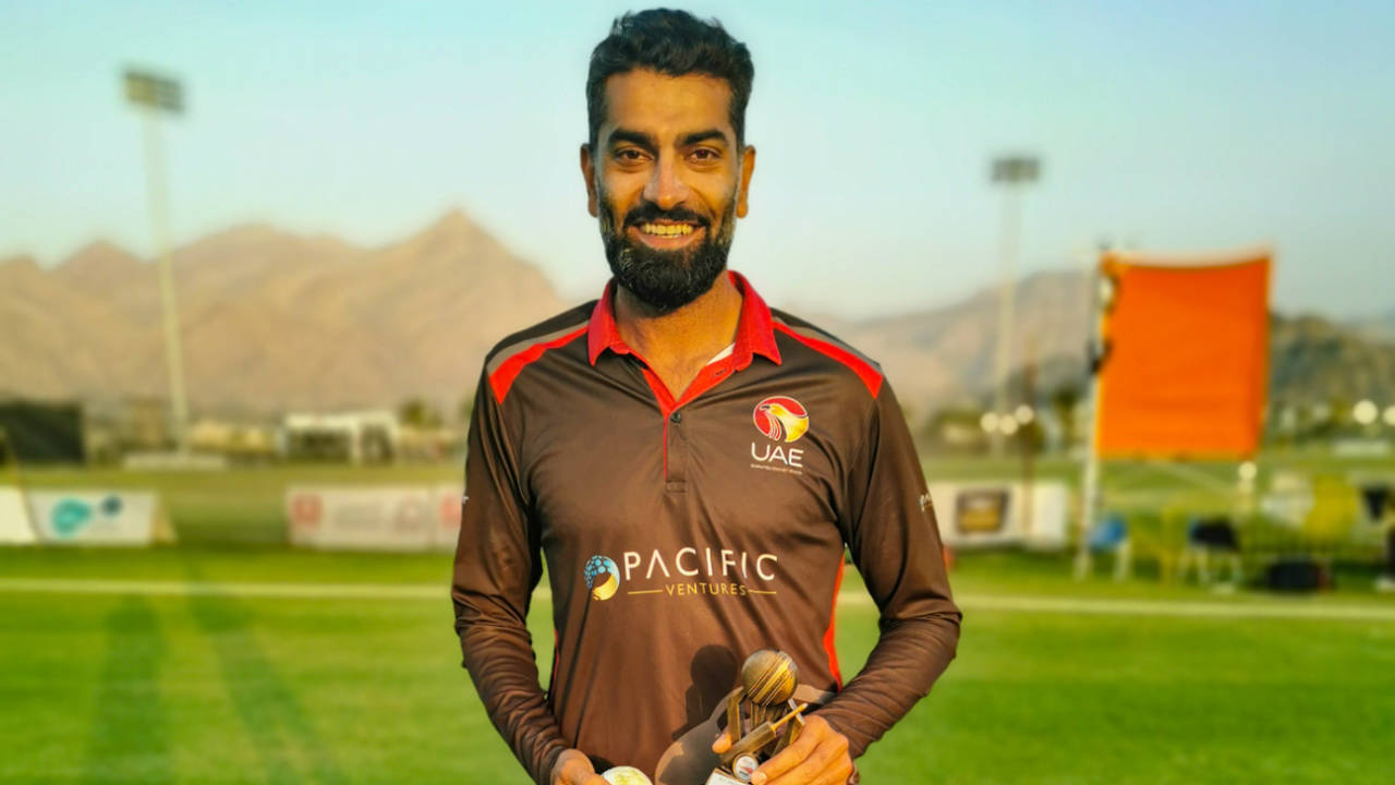Ahmed Raza took Player of the Match honours after a T20I career-best 5 for 19, Nepal v United Arab Emirates, ICC Men's T20 World Cup Qualifier A Semi-final, Al Amerat, February 22, 2022