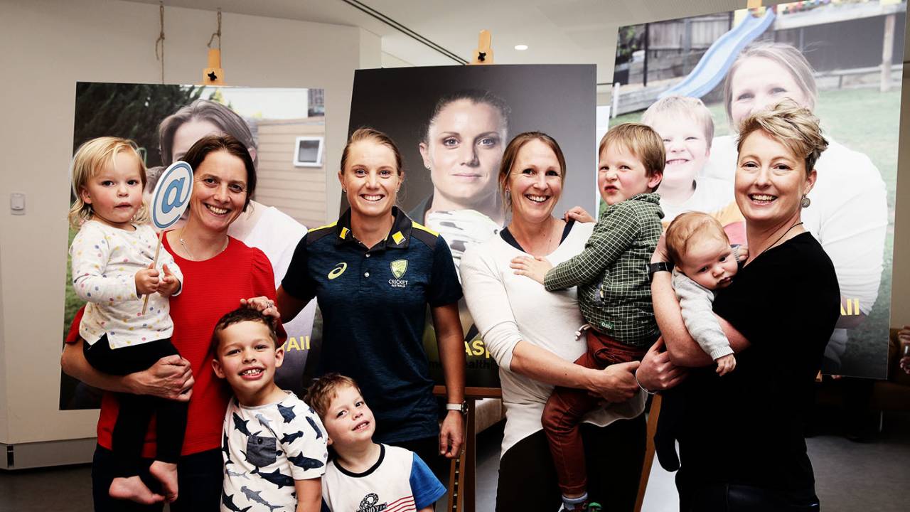 Sarah Elliott, Alyssa Healy, Emily Divin and ACA general manager Clea Smith pose for photos during the CA / ACA Player Parental Leave launch