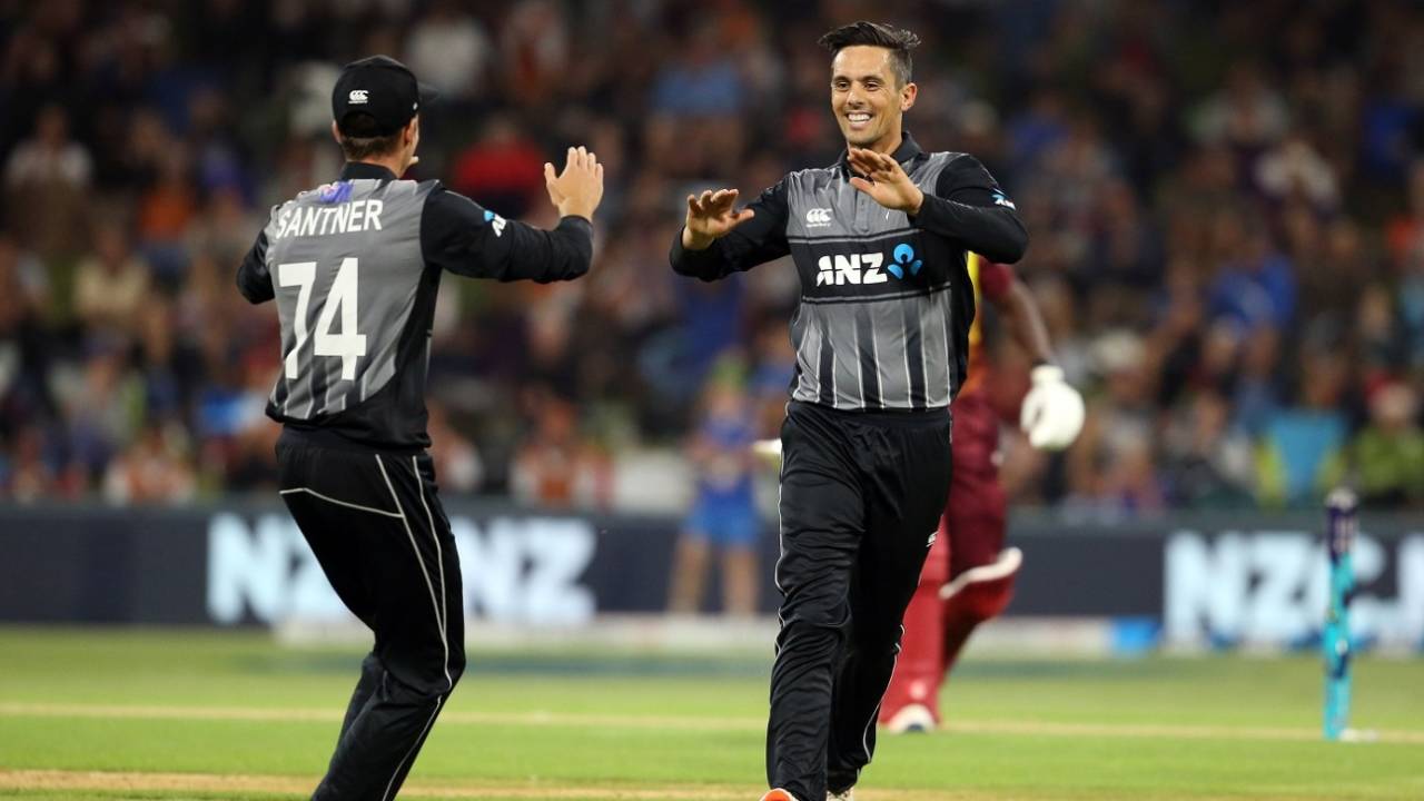 Anaru Kitchen celebrates a wicket, New Zealand v West Indies, 3rd T20I, Mount Maunganui