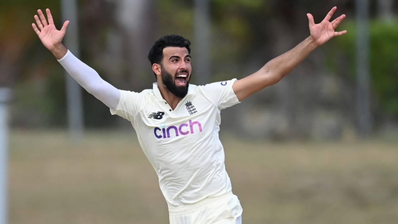 Saqib Mahmood stood in for Mark Wood on the third day in Antigua, CWI President's XI vs England XI, Tour match, Coolidge Cricket Ground, Antigua, March 3, 2022