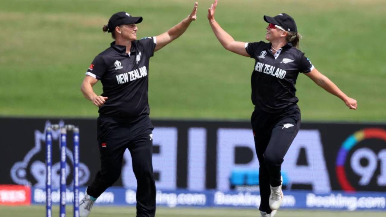 Sophie Devine and Jess Kerr celebrate with wicket of Kycia Knight, New Zealand v West Indies, Women's World Cup, Mount Maunganui, March 4, 2022