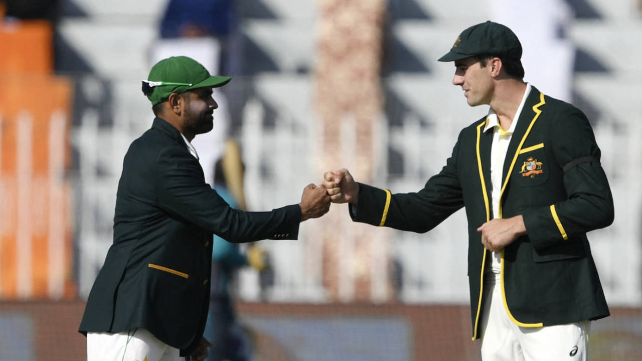 Babar Azam and Pat Cummins bump fists at the toss, Pakistan vs Australia, 1st Test, Rawalpindi, 1st day, March 4, 2022