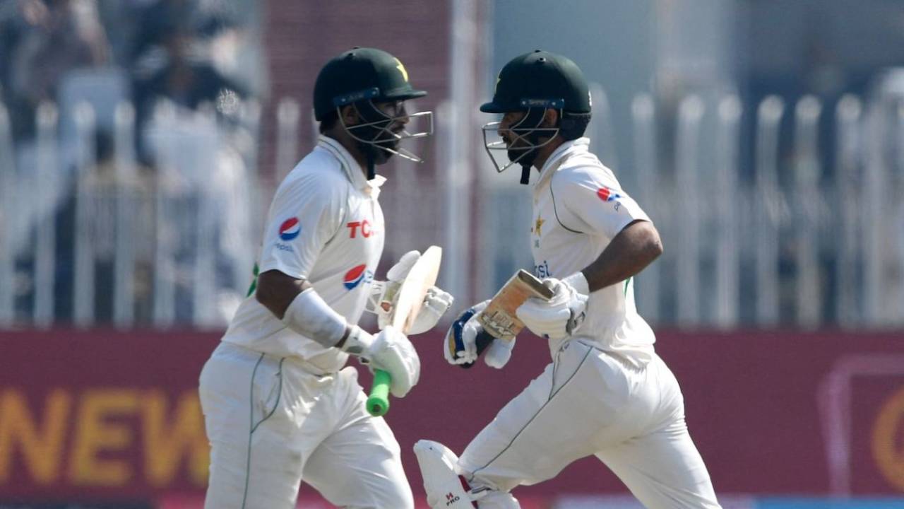 Imam-ul-Haq and Abdullah Shafique jog across for a single during their opening stand, Pakistan vs Australia, 1st Test, Rawalpindi, 1st day, March 4, 2022