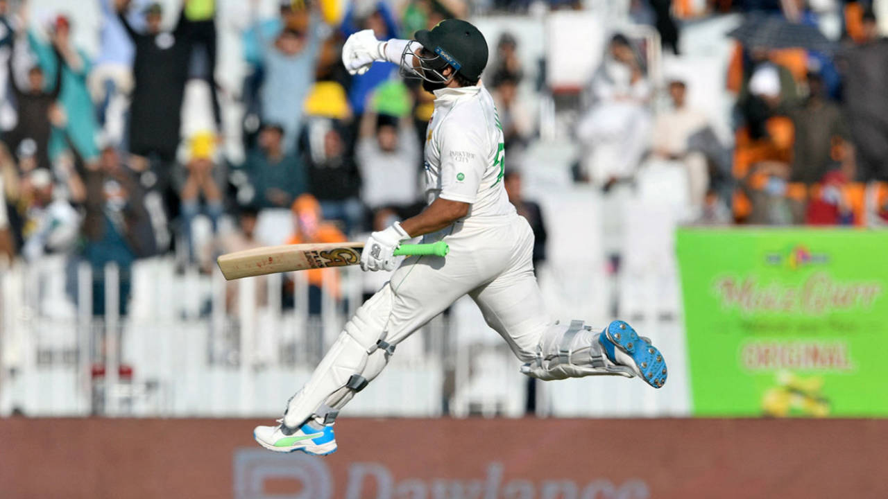 Imam-ul-Haq leaps in celebration on reaching his hundred, Pakistan vs Australia, 1st Test, Rawalpindi, 1st day, March 4, 2022