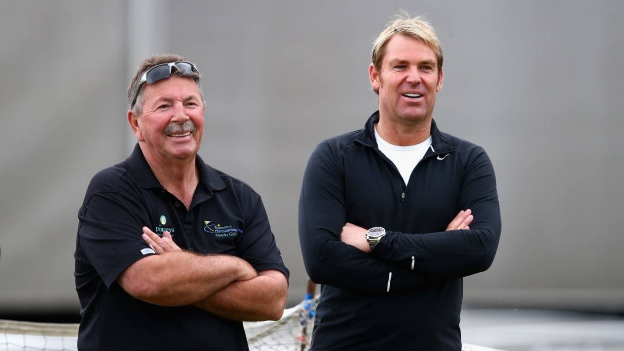 Rod Marsh, the Australian selector, and Shane Warne look on during a practice session, Manchester, July 31, 2013