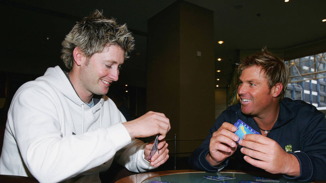 Michael Clarke and Shane Warne play cards at the hotel after play was abandoned due to rain, New Zealand v Australia, 2nd Test, Wellington, 1st day, March 18, 2005
