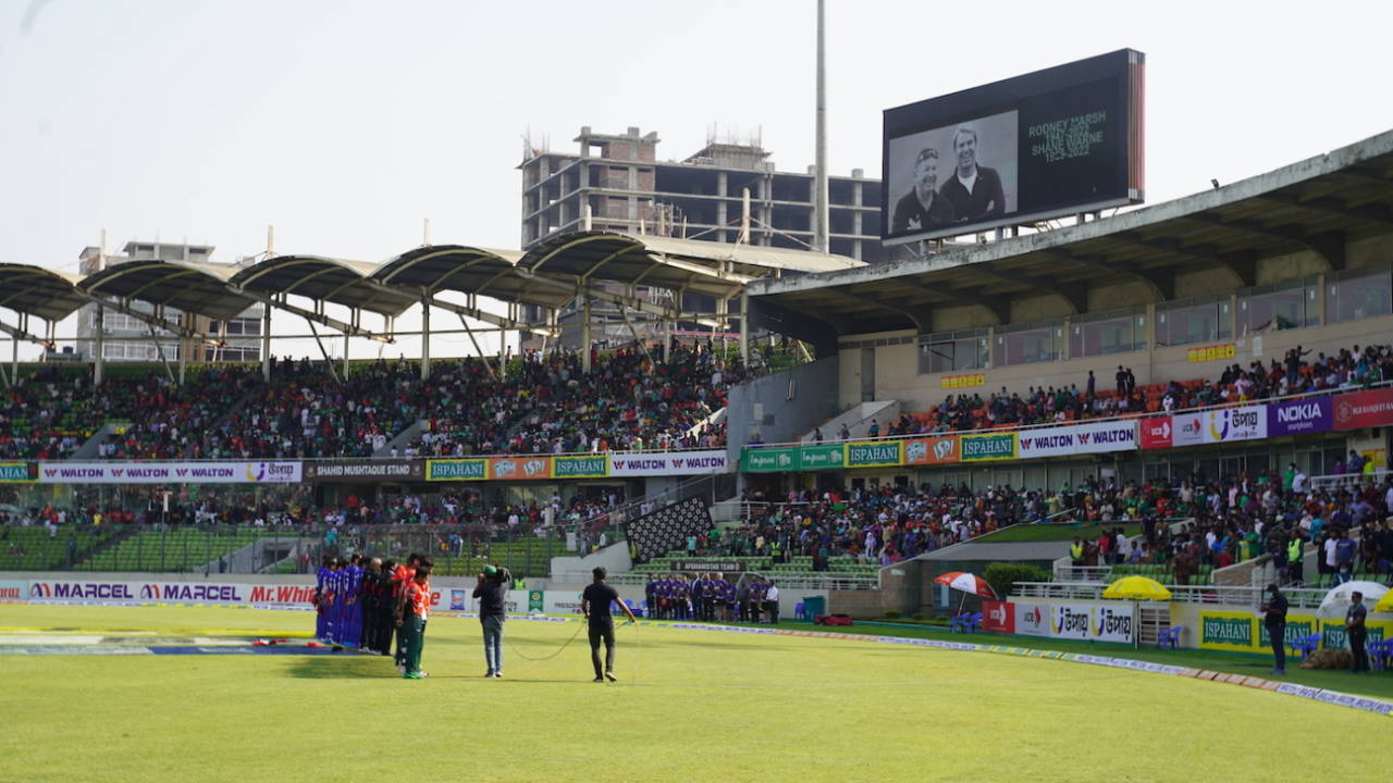 The Bangladesh and Afghanistan players pay their tributes to Rodney Marsh and Shane Warne, Bangladesh and Afghanistan, 2nd T20I, Dhaka, March 5, 2022