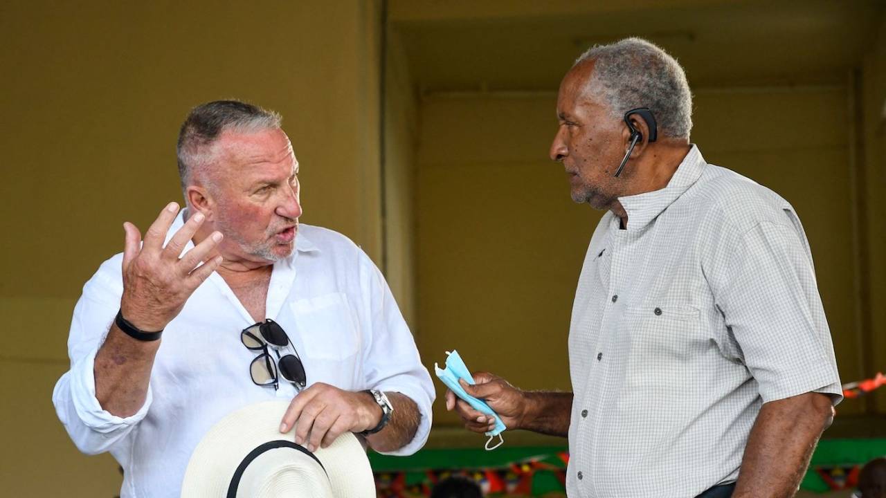 Sir Ian Botham has a chat with Sir Andy Roberts, North Sound, March 6, 2022