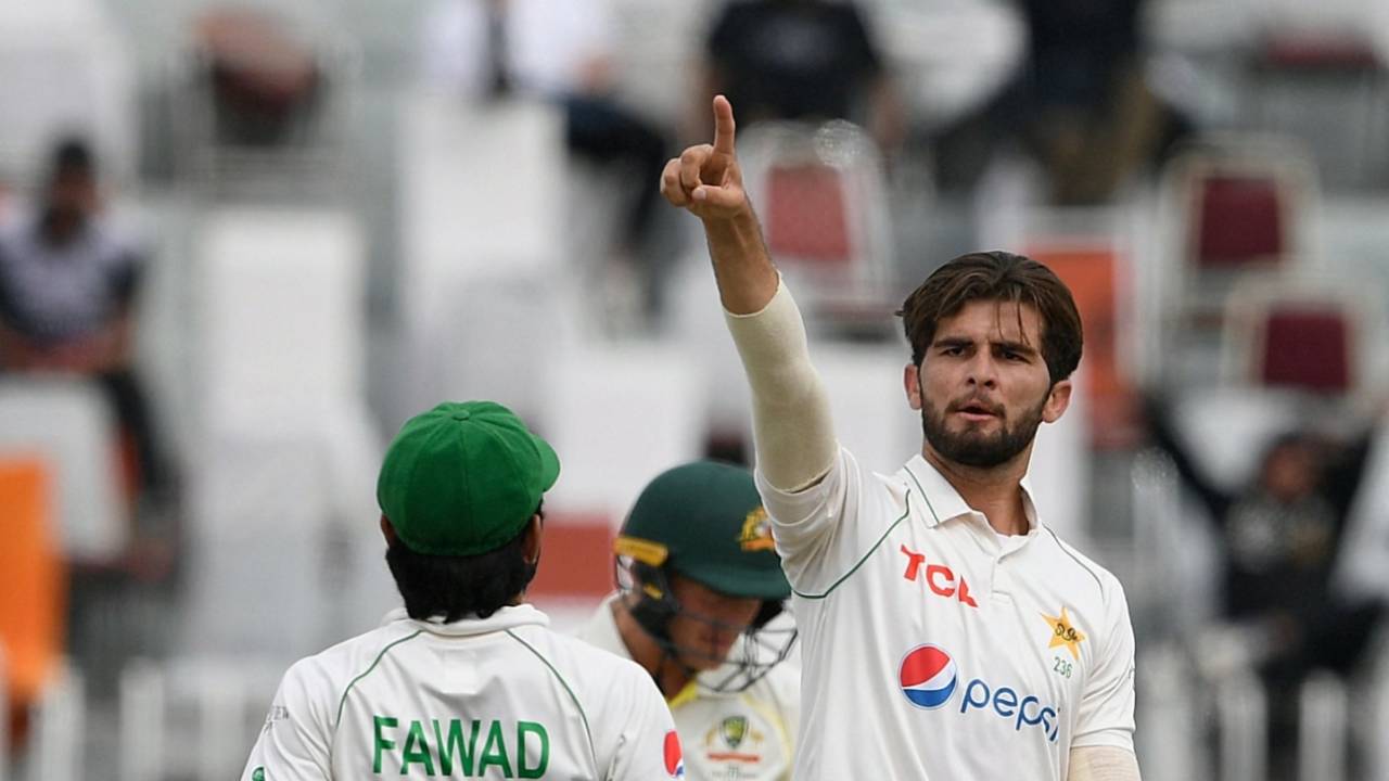 Shaheen Shah Afridi celebrates in trademark fashion after dismissing Marnus Labuschagne, Pakistan vs Australia, 1st Test, Rawalpindi, 3rd day, March 6, 2022