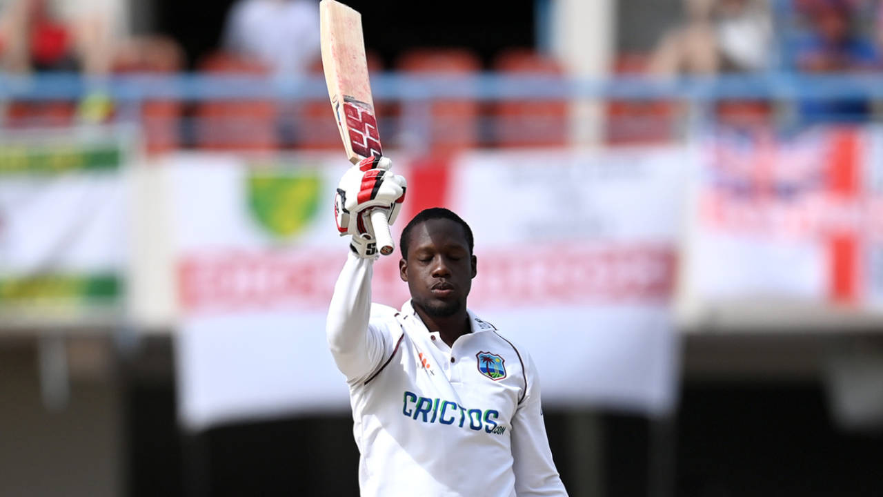 Nkrumah Bonner acknowledges the crowd after reaching his second Test hundred, West Indies vs England, 1st Test, Antigua, 3rd day, March 10, 2022
