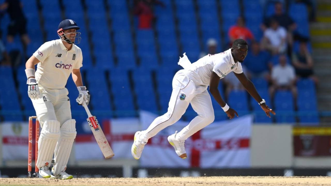 Jayden Seales bowls during England's second innings&nbsp;&nbsp;&bull;&nbsp;&nbsp;Gareth Copley/Getty Images