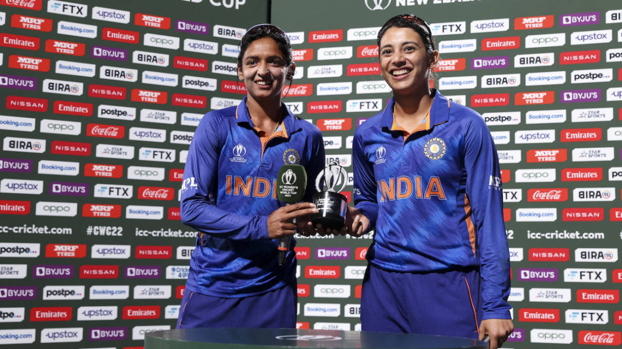 Smriti Mandhana shared her Player-of-the-Match trophy with fellow centurion Harmanpreet Kaur&nbsp;&nbsp;&bull;&nbsp;&nbsp;ICC via Getty