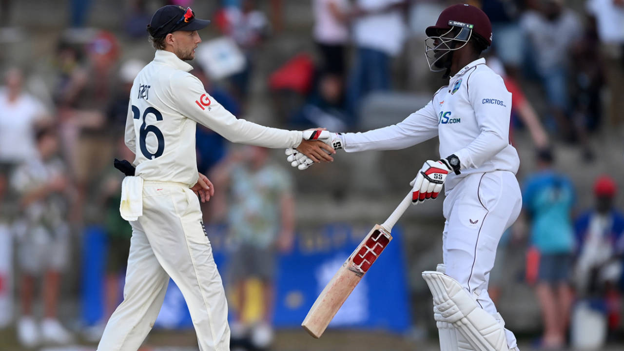 Joe Root and Nkrumah Bonner shake hands on the draw, West Indies vs England, 1st Test, Antigua, 5th day, March 12, 2022