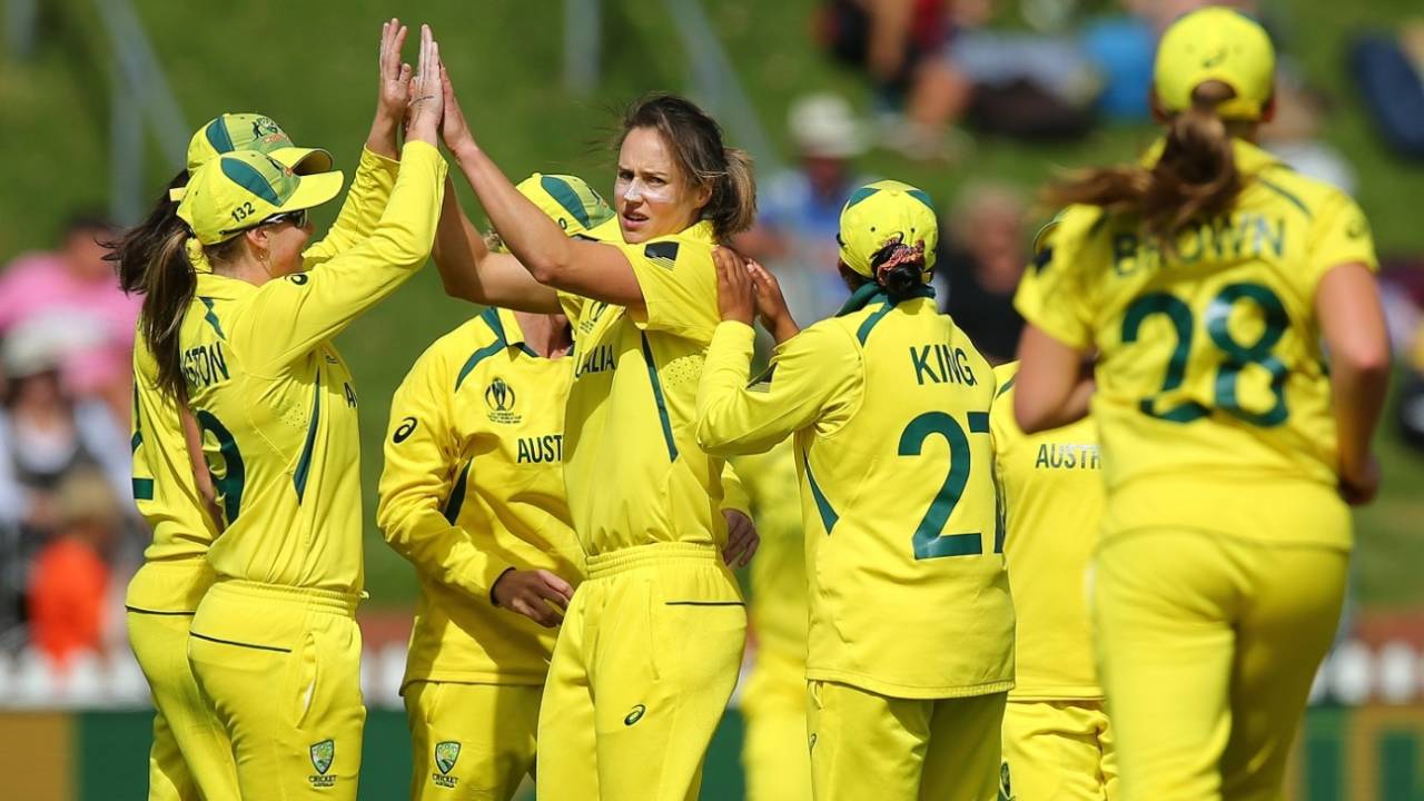 Ellyse Perry celebrates dismissing Sophie Devine, New Zealand vs Australia,  Women's World Cup 2022, Wellington, March 13, 2022