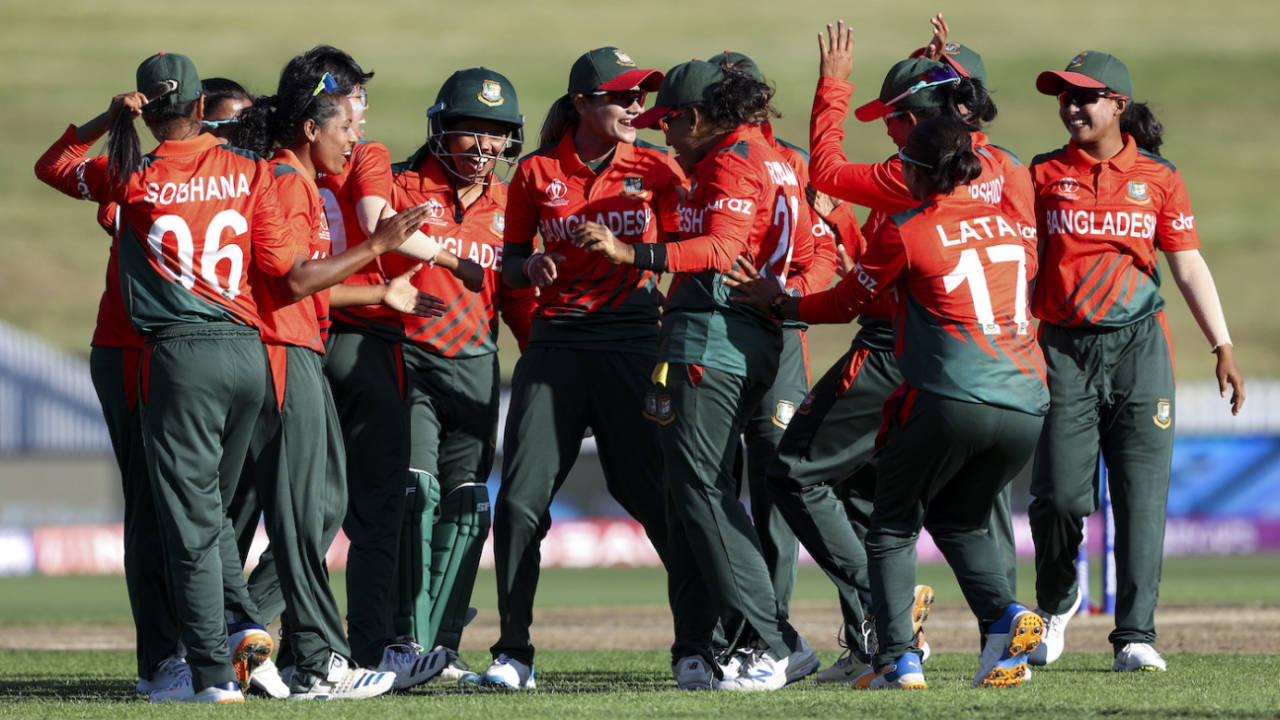 Job done! The Bangladesh players celebrate after notching up their maiden win in ODI World Cups&nbsp;&nbsp;&bull;&nbsp;&nbsp;ICC via Getty