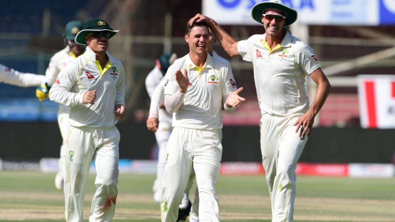 Mitchell Swepson celebrates his first Test wicket, Pakistan vs Australia, 2nd Test, Karachi, March 14, 2022