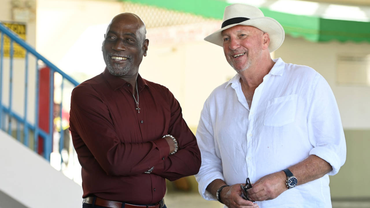 Viv Richards and Ian Botham at the unveiling of the Richards-Botham Trophy, North Sound, March 6, 2022