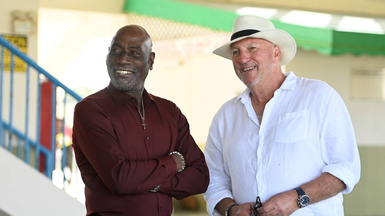 Viv Richards and Ian Botham at the unveiling of the Richards-Botham Trophy, North Sound, March 6, 2022