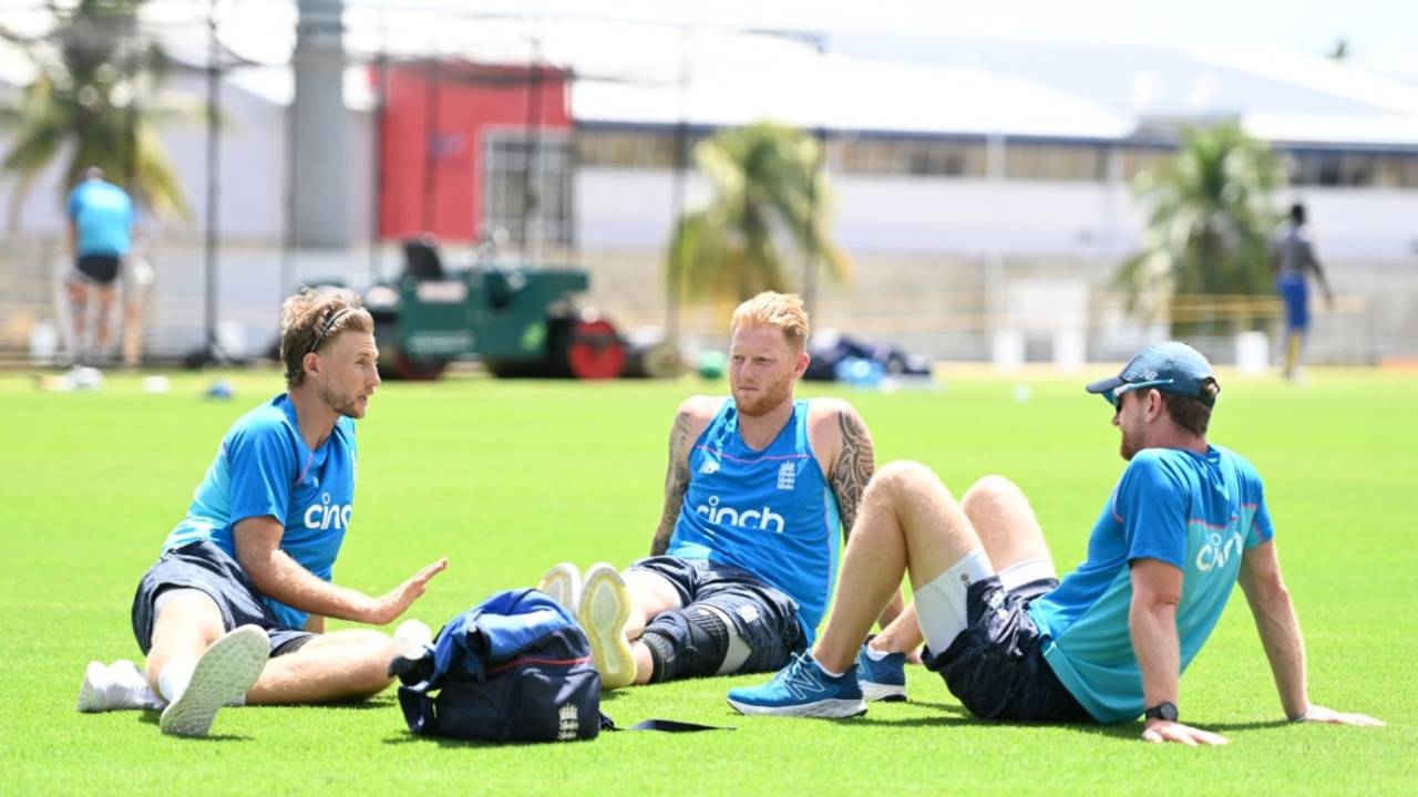 Joe Root, Ben Stokes and Paul Collingwood chat during a nets session in Barbados, West Indies vs England, 2nd Test, Barbados, March 14, 2022
