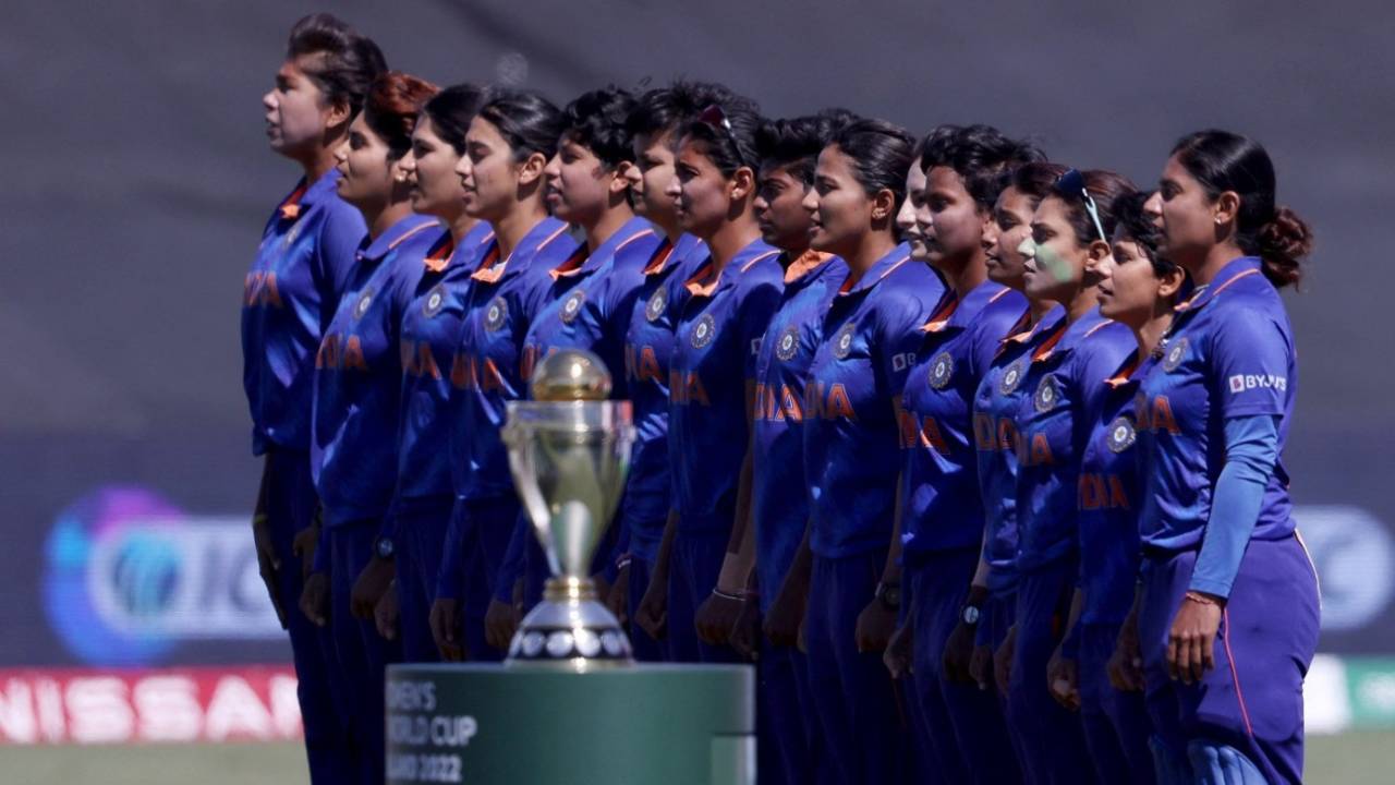 Players line up for the national anthem, England vs India, Women's World Cup 2022, Mount Maunganui, March 16, 2022