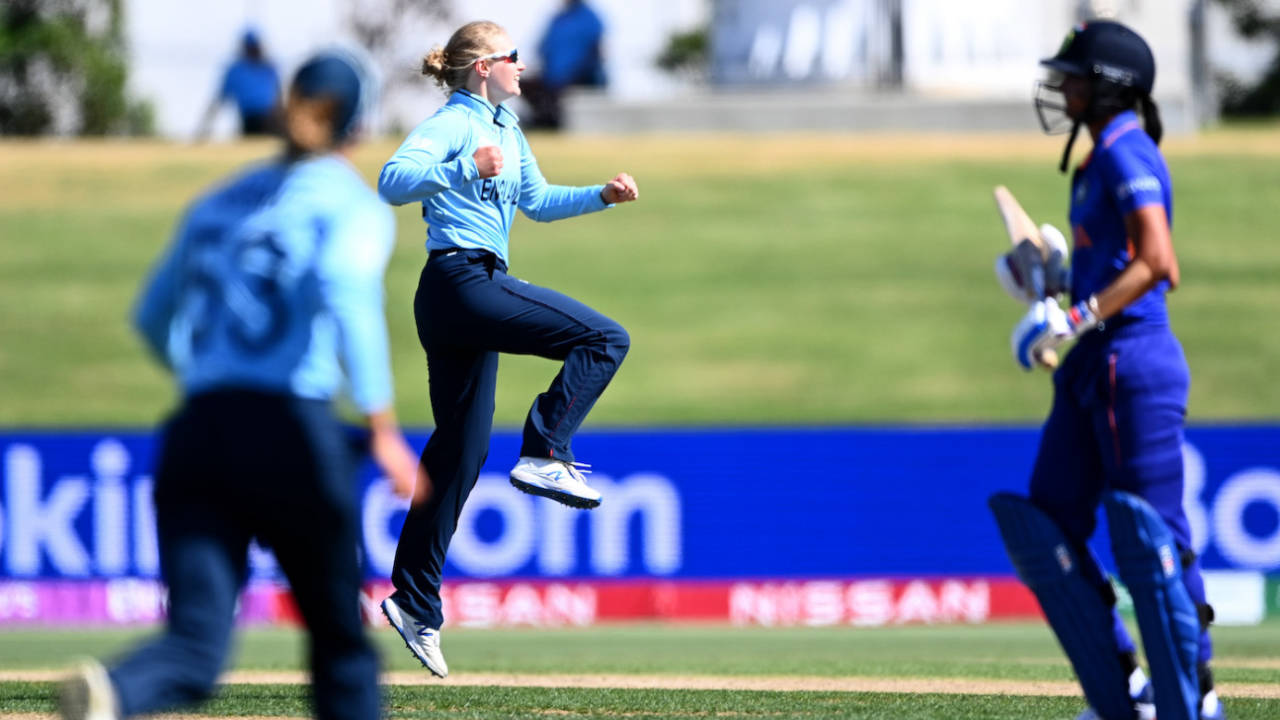 Charlie Dean leaps with joy after removing the dangerous Harmanpreet Kaur, England vs India, Women's World Cup 2022, Mount Maunganui, March 16, 2022