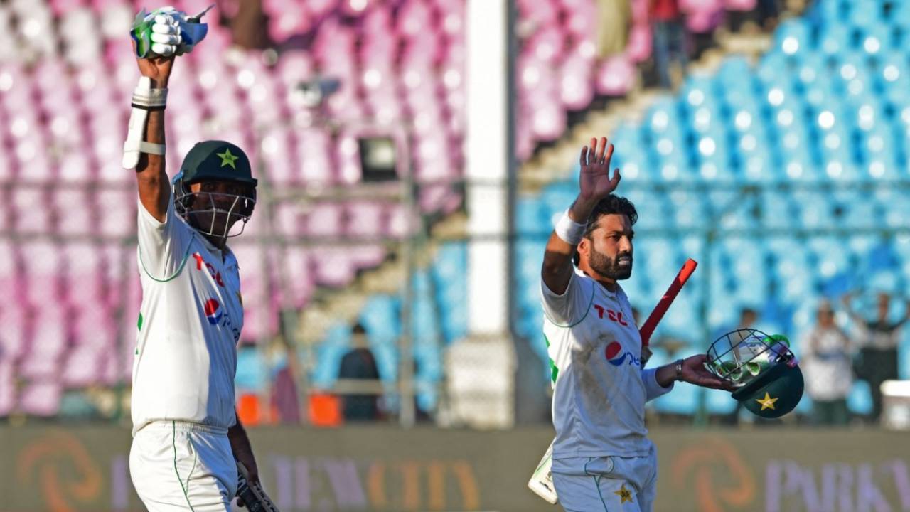 Mohammad Rizwan and Nauman Ali celebrate securing a draw, Pakistan vs Australia, 2nd Test, Karachi, March 16, 2022