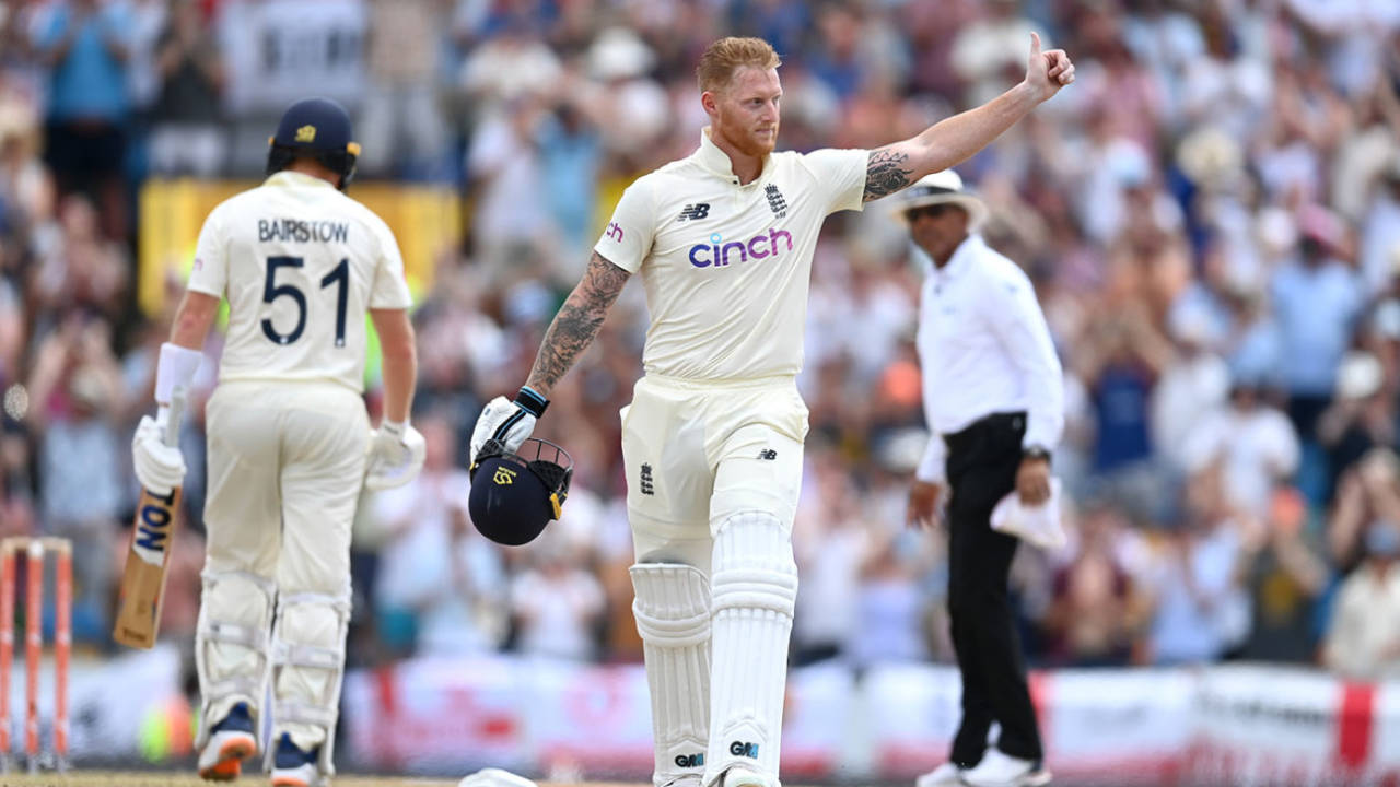 Ben Stokes acknowledges his hundred, West Indies vs England, 2nd Test, Kensington Oval, Barbados, 2nd day, March 17, 2022