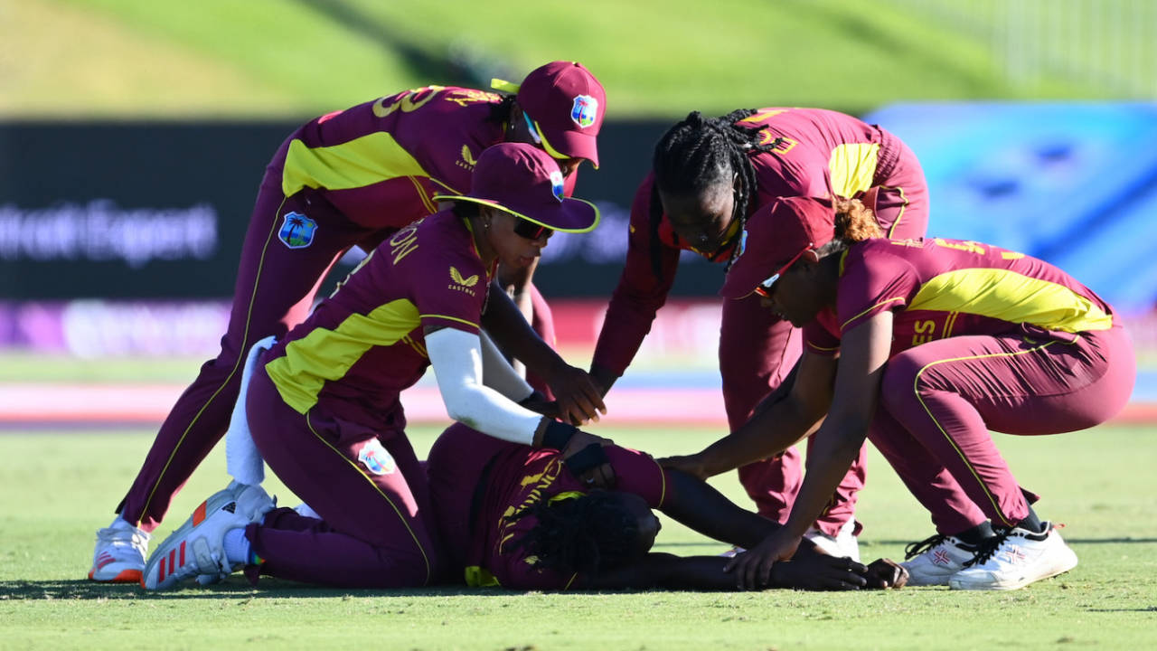 Shamilia Connell is surrounded by her team-mates after collapsing on the field, Bangladesh vs West Indies, Women's World Cup 2022, Mount Maunganui, March 18, 2022