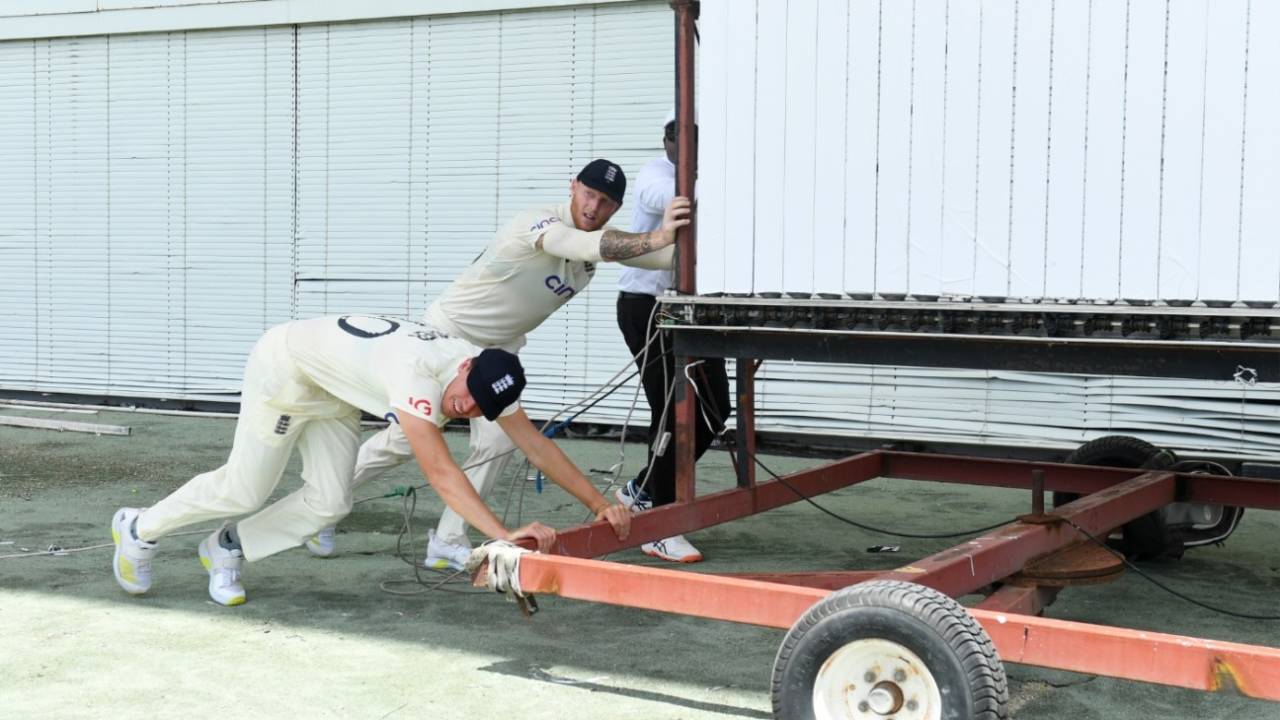 Ben Stokes and Matt Fisher help to shift the sightscreen, West Indies vs England, 2nd Test, Kensington Oval, Barbados, 3rd day, March 18, 2022