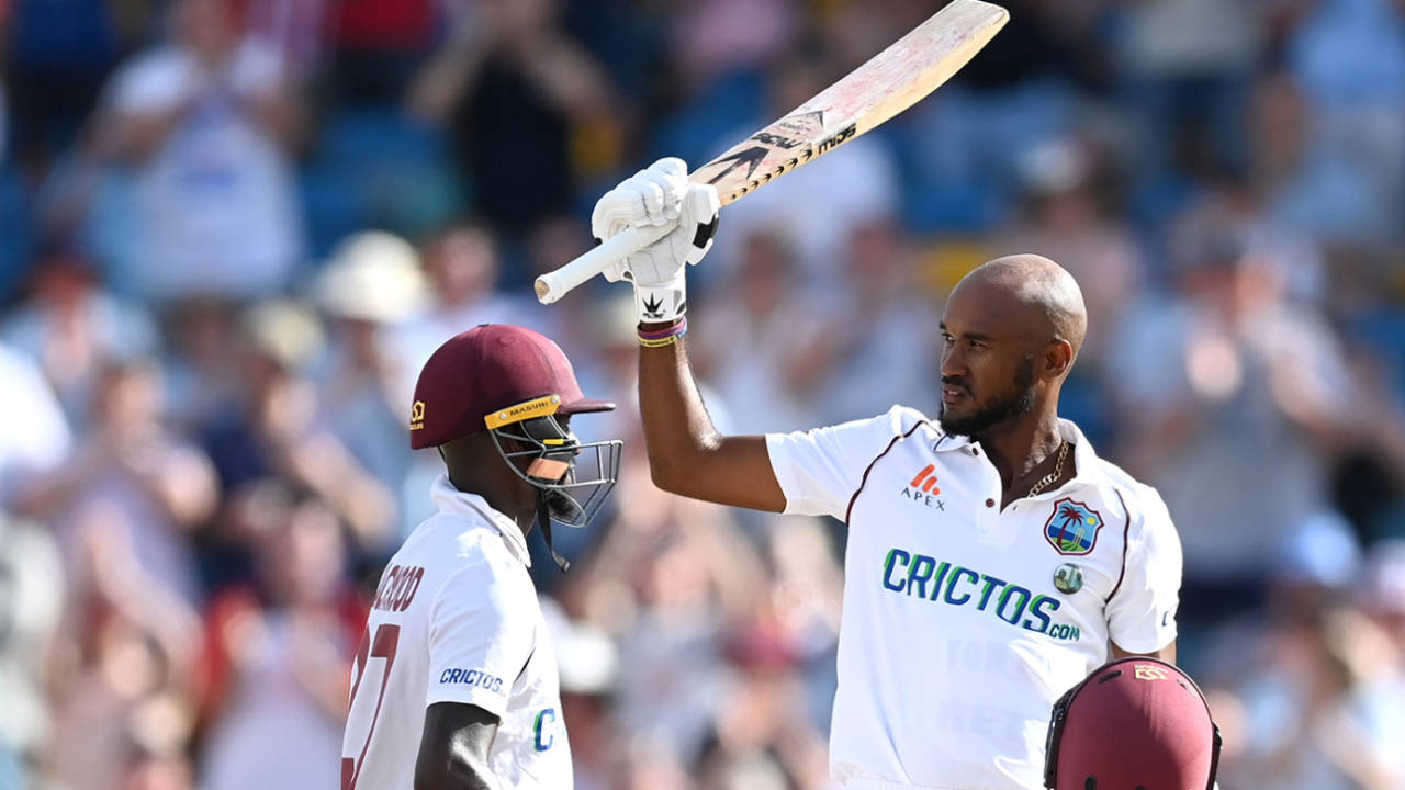 Kraigg Brathwaite raises his bat on reaching his hundred, West Indies vs England, 2nd Test, Kensington Oval, Barbados, 3rd day, March 18, 2022