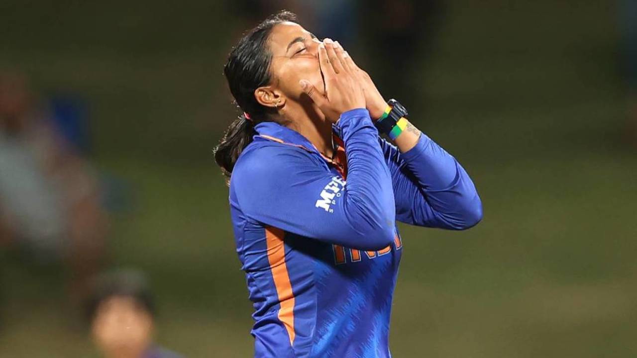 Sneh Rana thanks the heavens after picking up a wicket, Bangladesh v India, Women's World Cup, Hamilton, March 22, 2022
