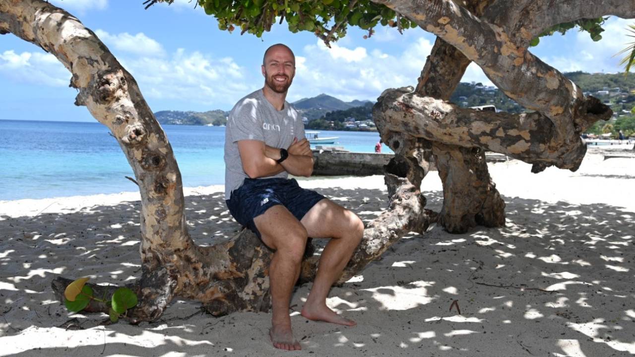 Jack Leach poses on the beach after England's arrival in Grenada&nbsp;&nbsp;&bull;&nbsp;&nbsp;Getty Images